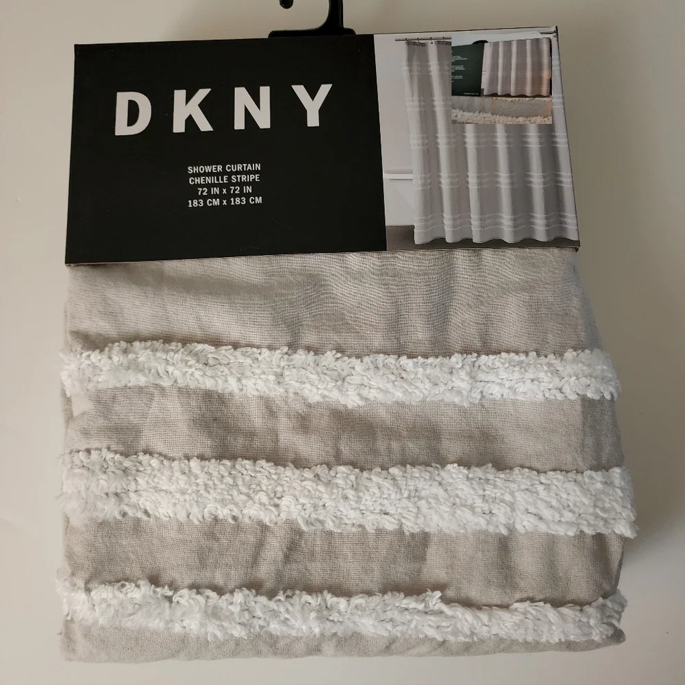 Dkny Shower Curtain Gray White Chenille Stripe NWT